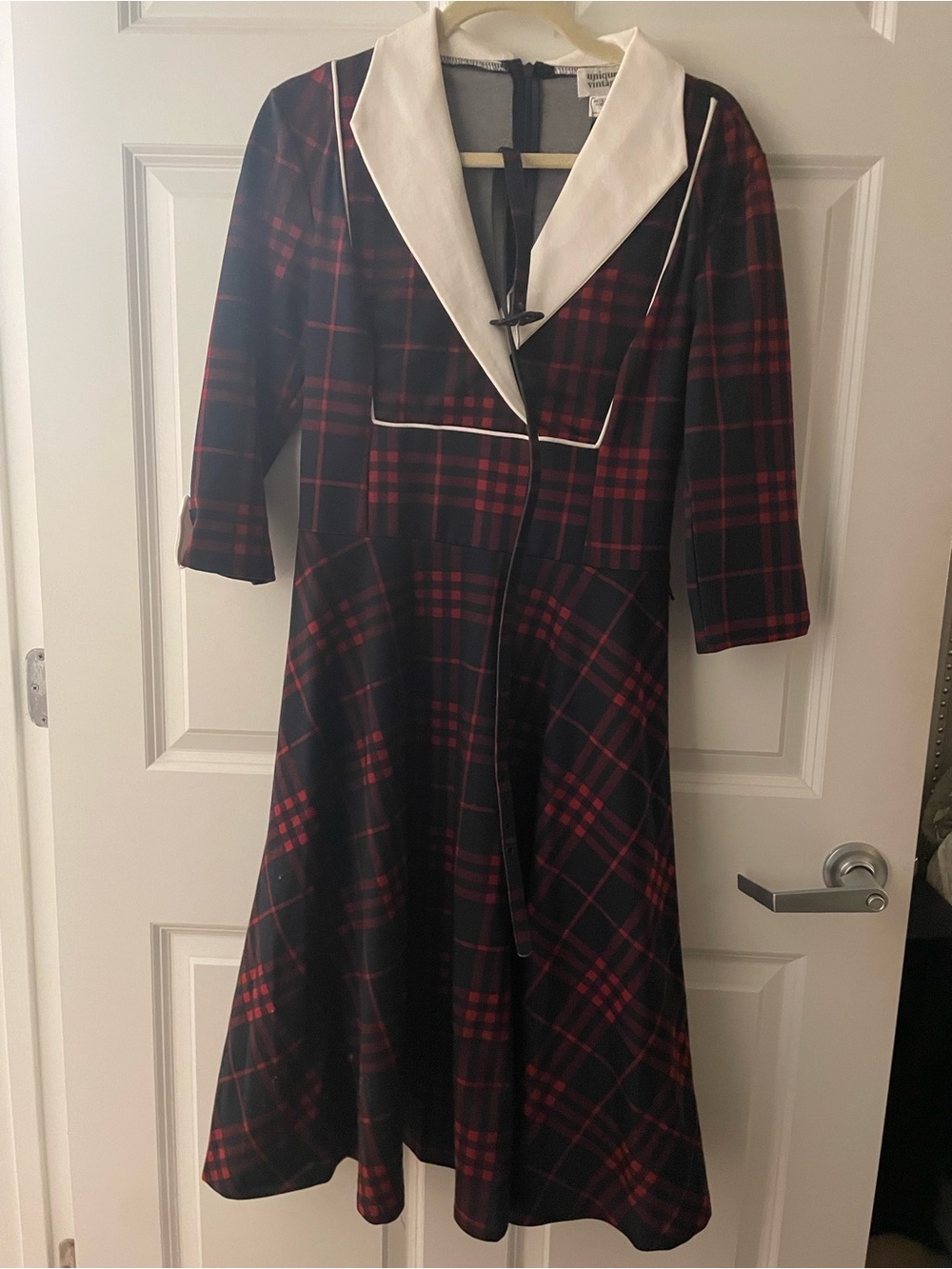 Unique Vintage Black and Red Plaid Midi Dress with White Sailor Collar